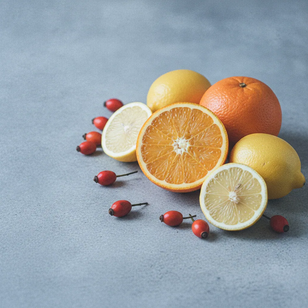 Verse sinaasappels, citroen en rozenbottel op een lichte stenen ondergrond - bronnen van vitamine C