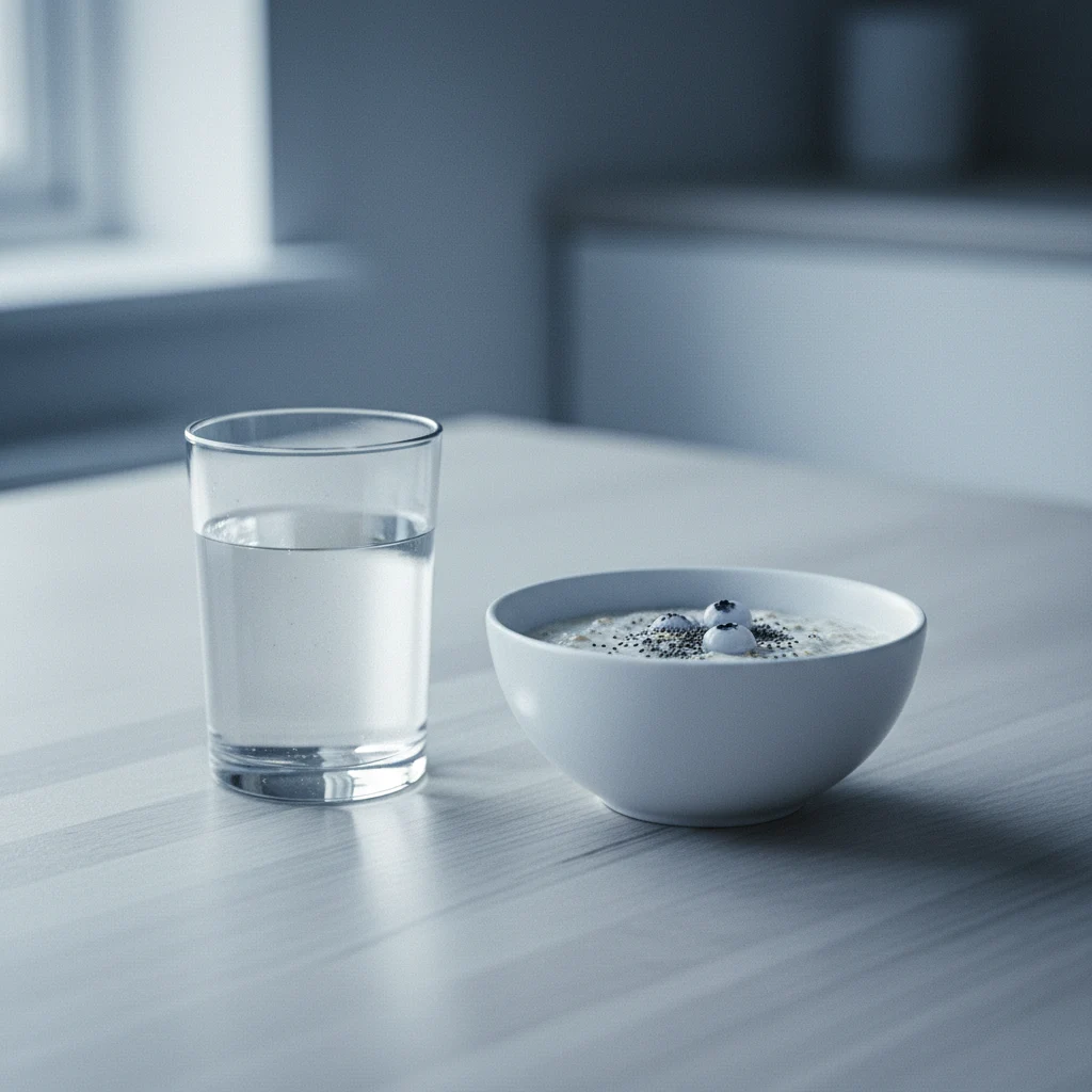 Glas water met een capsule naast een ontbijtbord op een helder keukentafel in de ochtend
